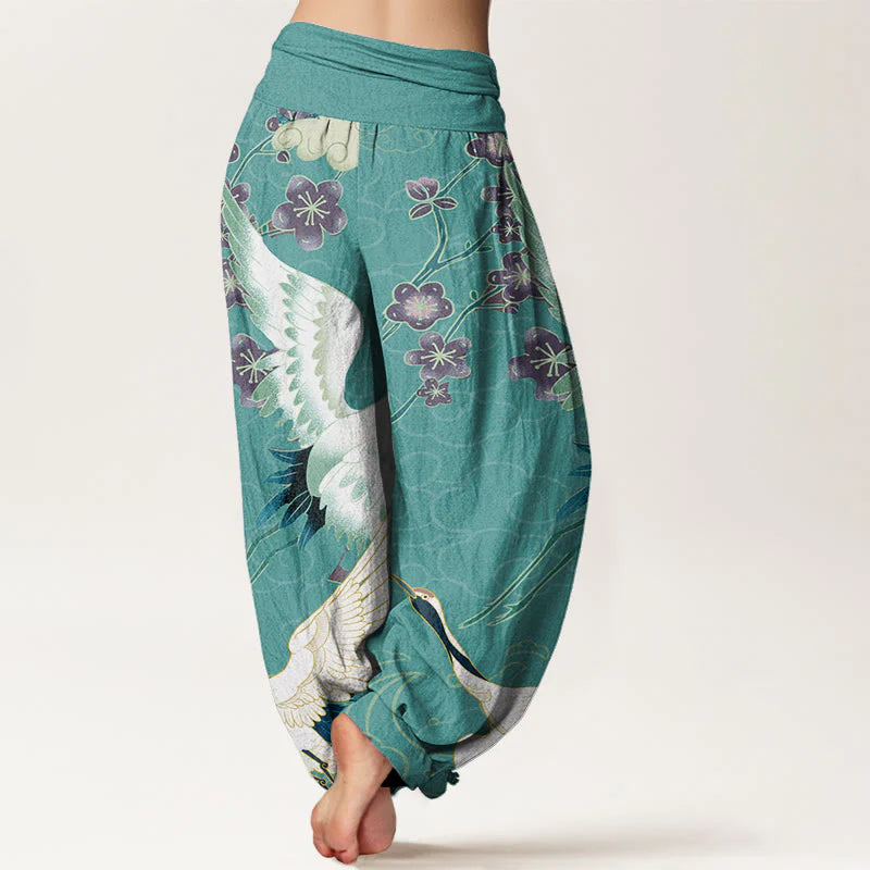 Pantalon Sarouel pour Femme à Taille Élastique avec Motif de Grues, Fleurs et Nuages Auspicieux