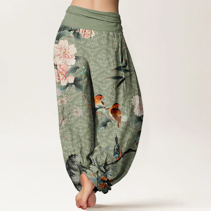 Pantalon Sarouel Motif Oiseau Warbler &amp; Fleurs Mandala – Taille Élastique pour Femme