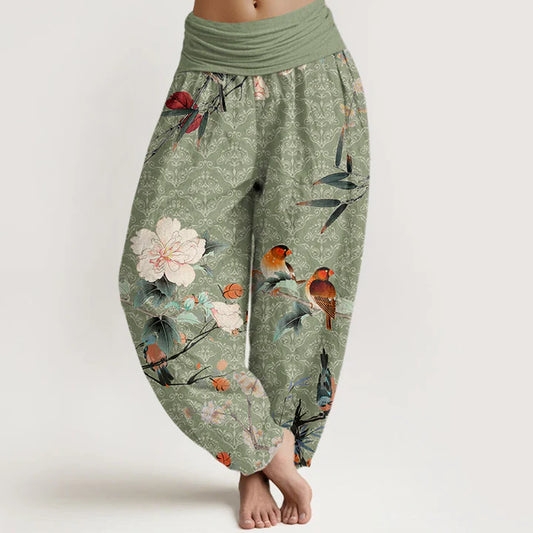 Pantalon Sarouel Motif Oiseau Warbler &amp; Fleurs Mandala – Taille Élastique pour Femme