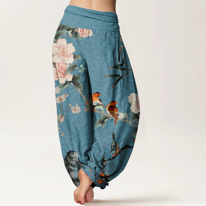 Pantalon Sarouel Motif Oiseau Warbler &amp; Fleurs Mandala – Taille Élastique pour Femme