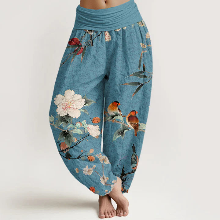 Pantalon Sarouel Motif Oiseau Warbler &amp; Fleurs Mandala – Taille Élastique pour Femme