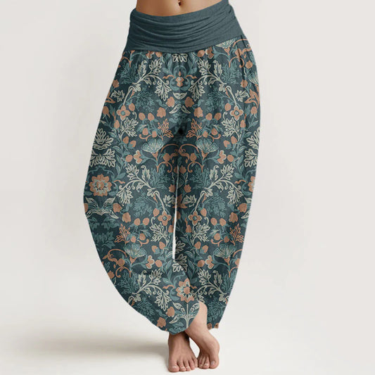 Pantalon Sarouel Décontracté pour Femme à Taille Élastique avec Motif de Fleurs, de Lianes et de Feuilles