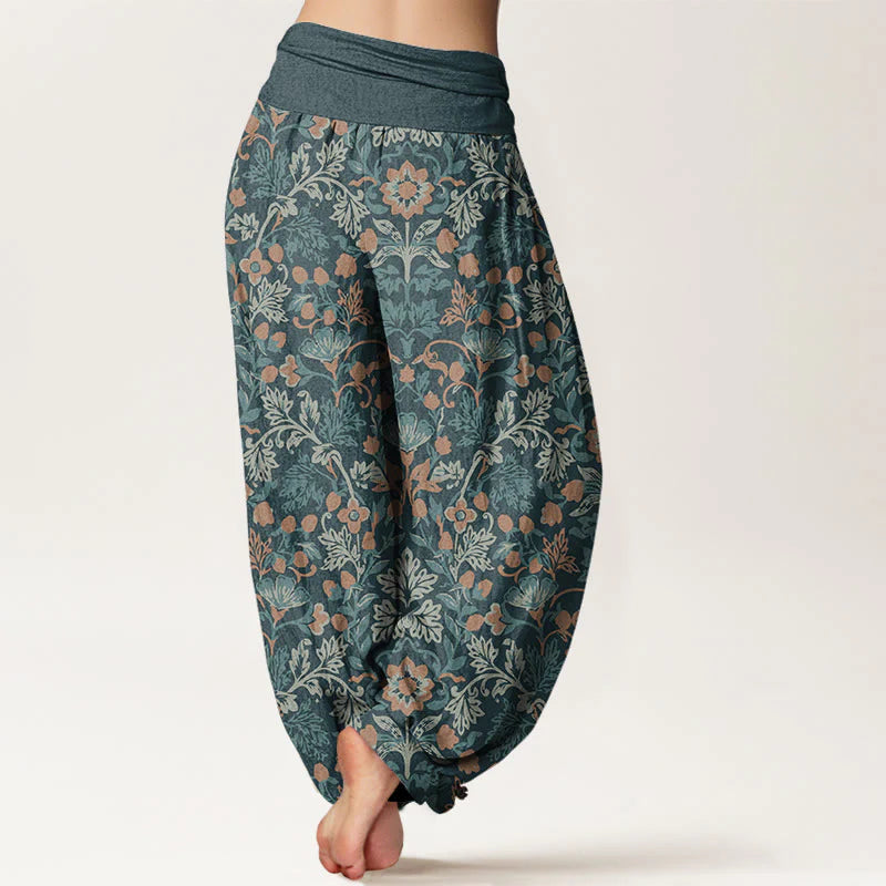 Pantalon Sarouel Décontracté pour Femme à Taille Élastique avec Motif de Fleurs, de Lianes et de Feuilles