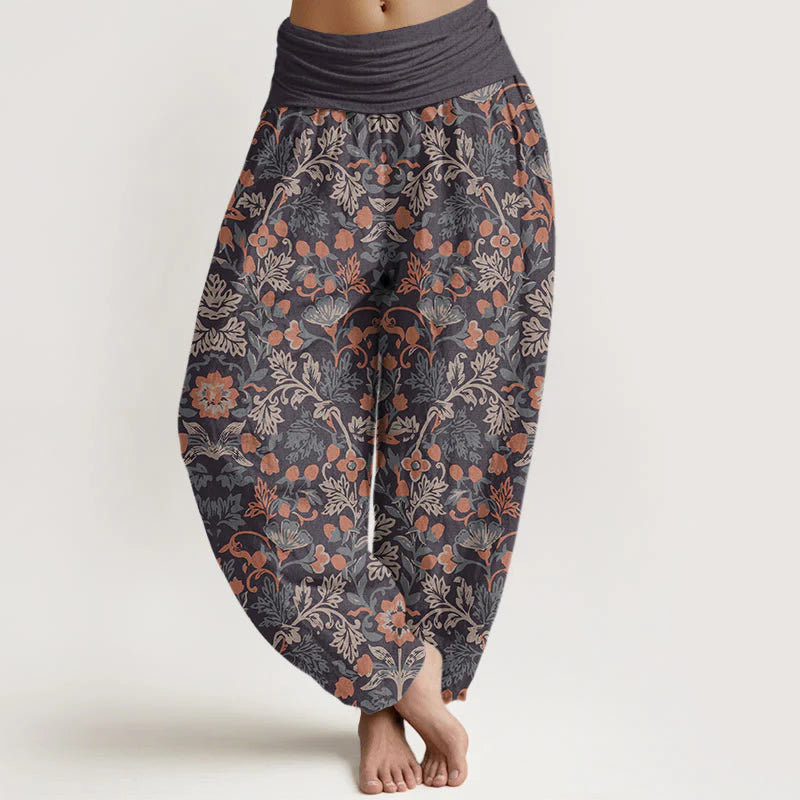 Pantalon Sarouel Décontracté pour Femme à Taille Élastique avec Motif de Fleurs, de Lianes et de Feuilles