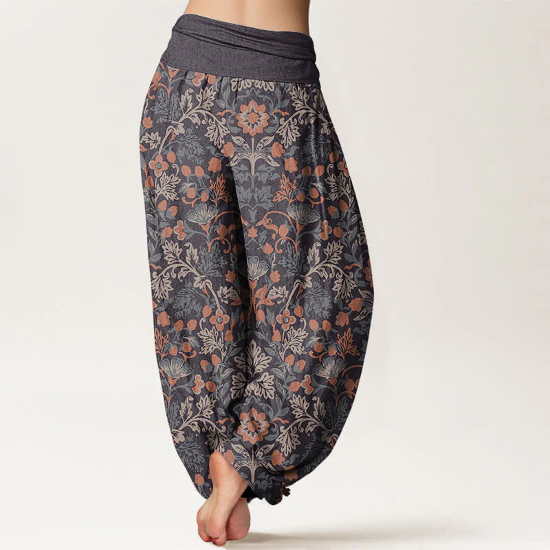 Pantalon Sarouel Décontracté pour Femme à Taille Élastique avec Motif de Fleurs, de Lianes et de Feuilles