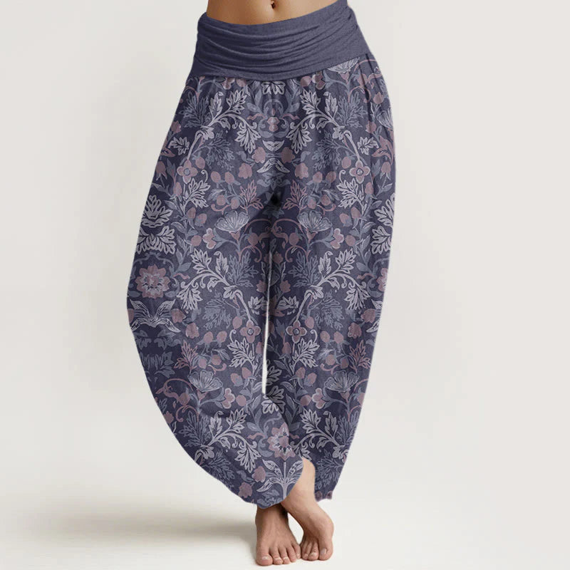 Pantalon Sarouel Décontracté pour Femme à Taille Élastique avec Motif de Fleurs, de Lianes et de Feuilles