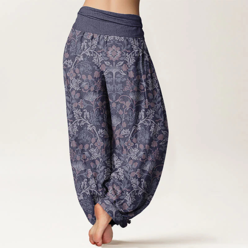 Pantalon Sarouel Décontracté pour Femme à Taille Élastique avec Motif de Fleurs, de Lianes et de Feuilles