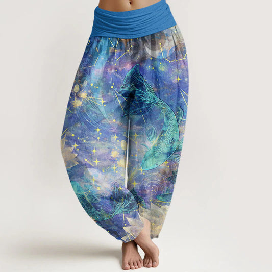 Pantalon Sarouel pour Femme à Taille Élastique avec Motif de Carpes Koï, Lotus, Lune et Étoiles