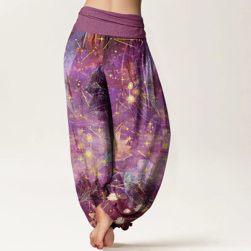 Pantalon Sarouel pour Femme à Taille Élastique avec Motif de Carpes Koï, Lotus, Lune et Étoiles