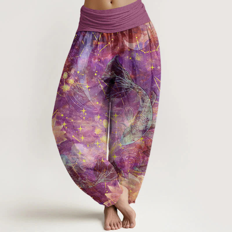 Pantalon Sarouel pour Femme à Taille Élastique avec Motif de Carpes Koï, Lotus, Lune et Étoiles