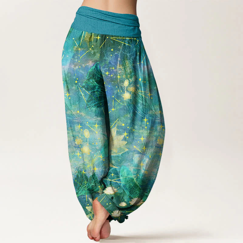 Pantalon Sarouel pour Femme à Taille Élastique avec Motif de Carpes Koï, Lotus, Lune et Étoiles