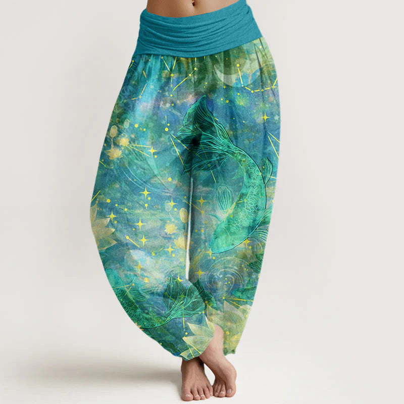 Pantalon Sarouel pour Femme à Taille Élastique avec Motif de Carpes Koï, Lotus, Lune et Étoiles