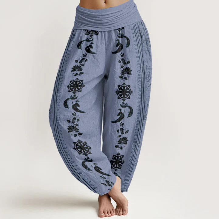 Pantalon Sarouel pour Femme à Taille Élastique avec Motif de Roue du Dharma, Lotus et Symbole OM