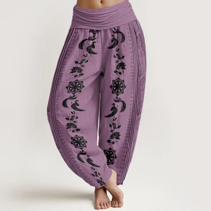 Pantalon Sarouel pour Femme à Taille Élastique avec Motif de Roue du Dharma, Lotus et Symbole OM