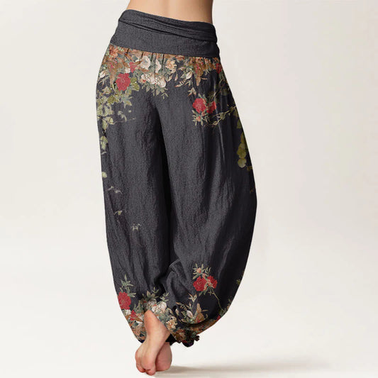 Pantalon Sarouel pour Femme à Taille Élastique avec Motif de Grues, Fleurs et Nuages Auspicieux