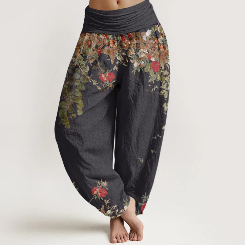Pantalon Sarouel pour Femme à Taille Élastique avec Motif de Grues, Fleurs et Nuages Auspicieux