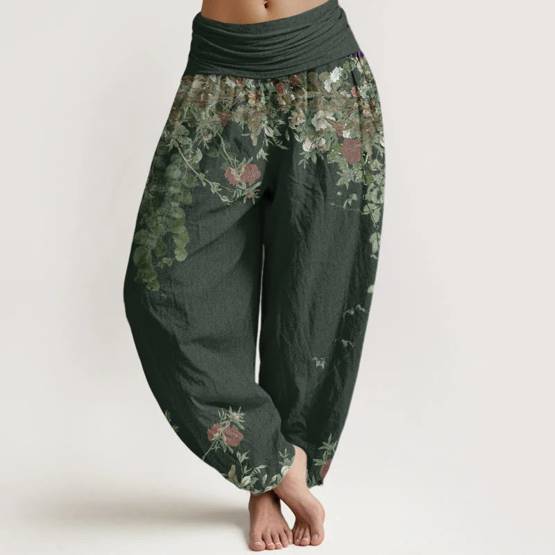 Pantalon Sarouel pour Femme à Taille Élastique avec Motif de Grues, Fleurs et Nuages Auspicieux