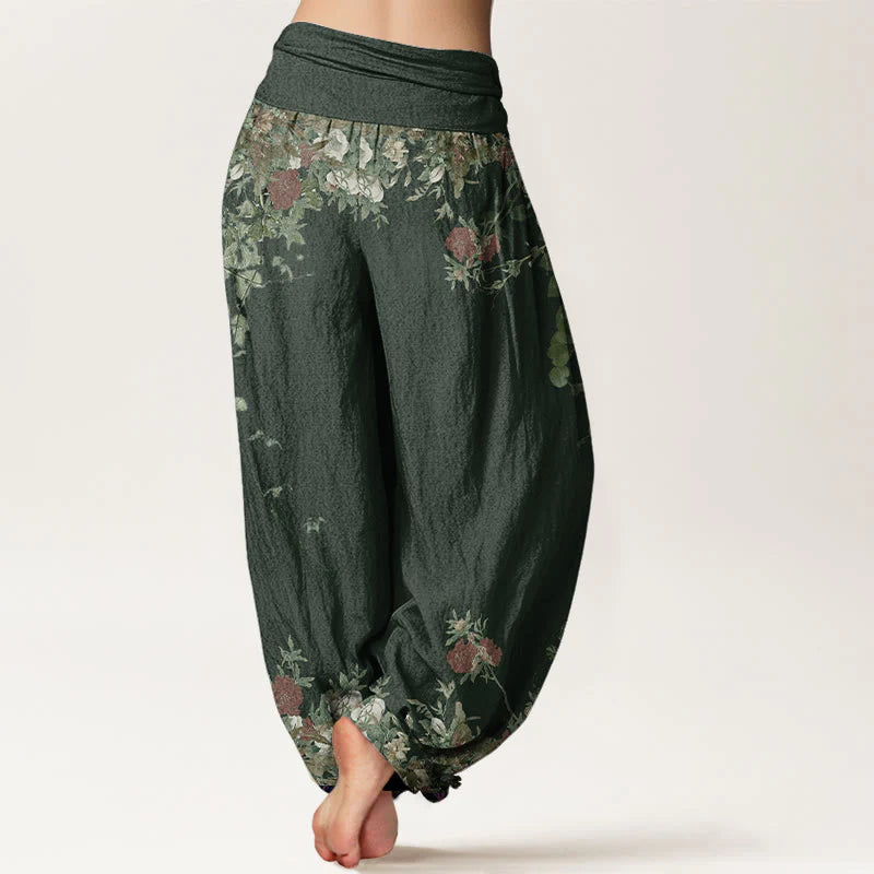 Pantalon Sarouel pour Femme à Taille Élastique avec Motif de Grues, Fleurs et Nuages Auspicieux