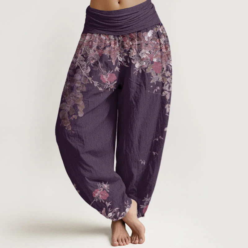 Pantalon Sarouel pour Femme à Taille Élastique avec Motif de Grues, Fleurs et Nuages Auspicieux