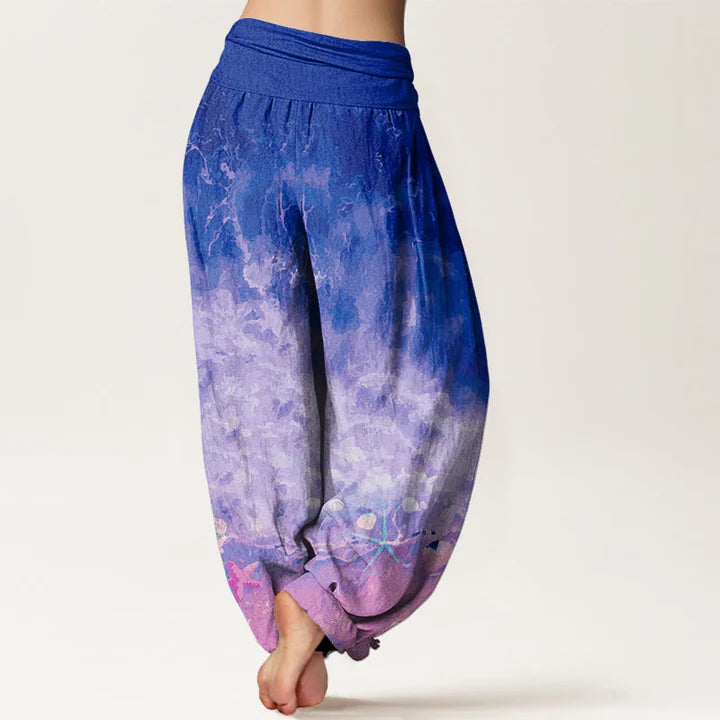 Pantalon Sarouel pour Femme à Taille Élastique – Motif Océan Vast et Étoiles de Mer