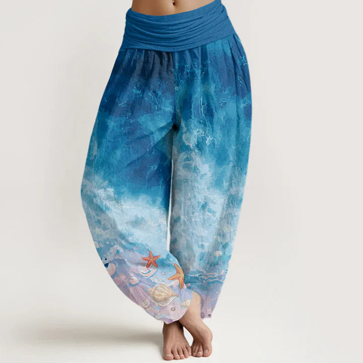 Pantalon Sarouel pour Femme à Taille Élastique – Motif Océan Vast et Étoiles de Mer