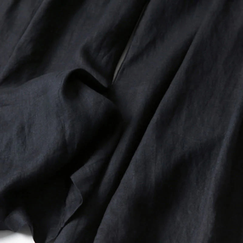 Pantalon à Jambe Large Taille Haute pour Femme en Coton et Lin Uni avec Poches