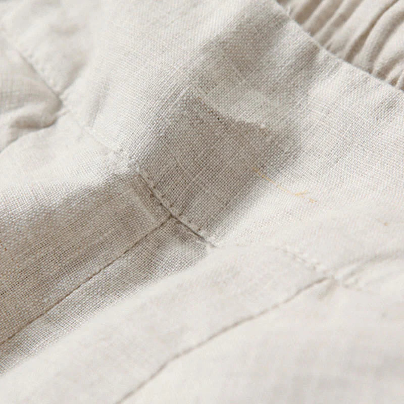 Pantalon à Jambe Large Taille Haute pour Femme en Coton et Lin Uni avec Poches