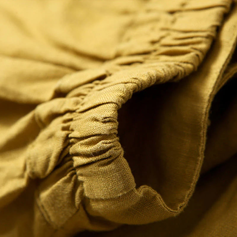 Pantalon à Jambe Large Taille Haute pour Femme en Coton et Lin Uni avec Poches