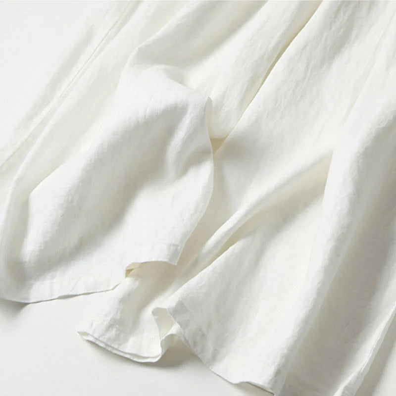 Pantalon à Jambe Large Taille Haute pour Femme en Coton et Lin Uni avec Poches