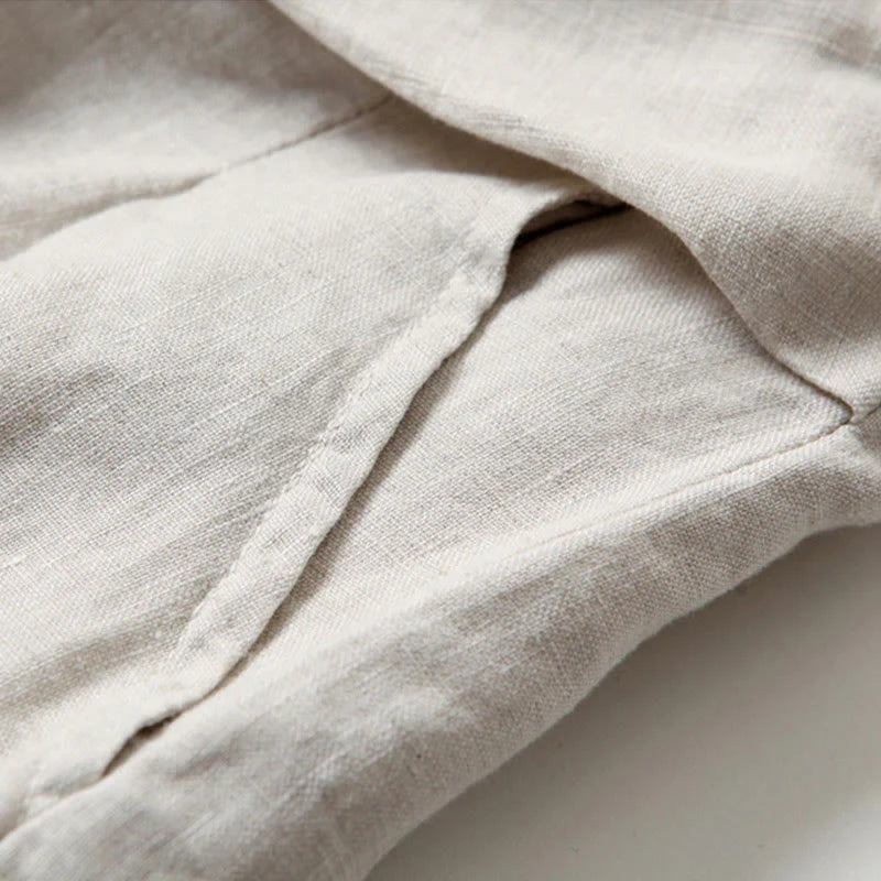 Pantalon à Jambe Large Taille Haute pour Femme en Coton et Lin Uni avec Poches