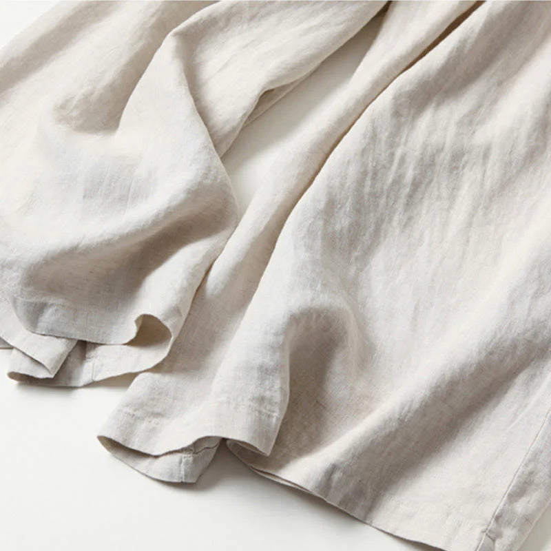 Pantalon à Jambe Large Taille Haute pour Femme en Coton et Lin Uni avec Poches