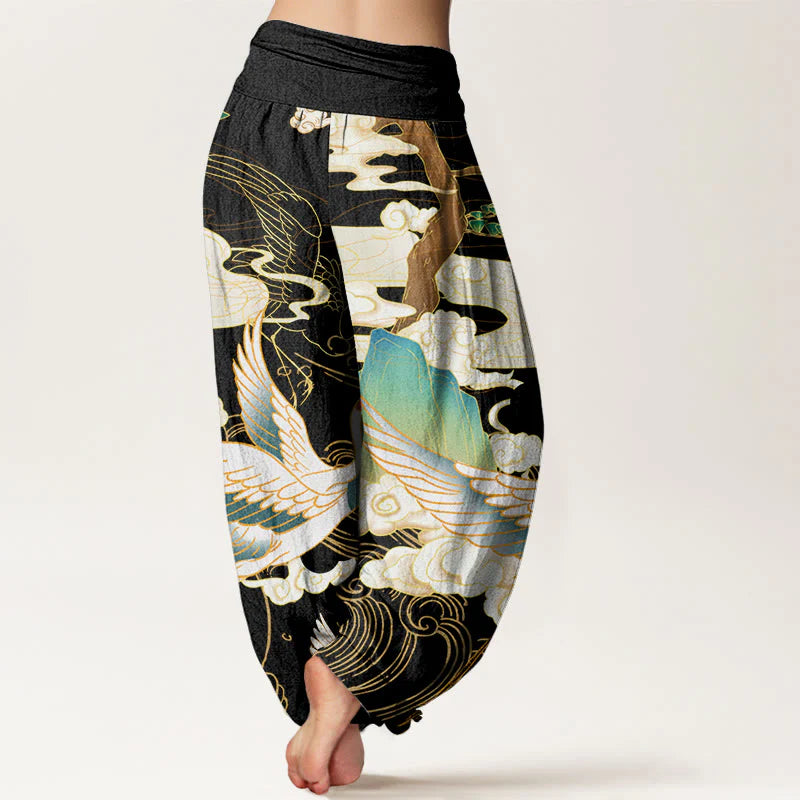 Pantalon Sarouel pour Femme à Taille Élastique avec Motif de Grues Volantes, de Nuages Auspicieux et d’Arbres