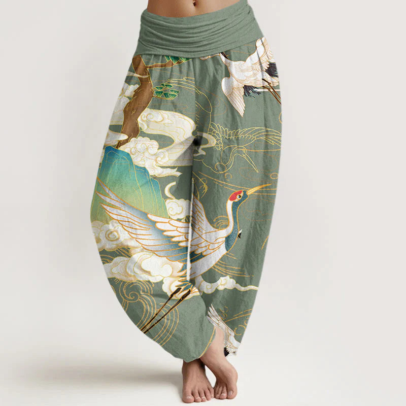Pantalon Sarouel pour Femme à Taille Élastique avec Motif de Grues Volantes, de Nuages Auspicieux et d’Arbres