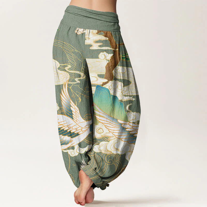 Pantalon Sarouel pour Femme à Taille Élastique avec Motif de Grues Volantes, de Nuages Auspicieux et d’Arbres