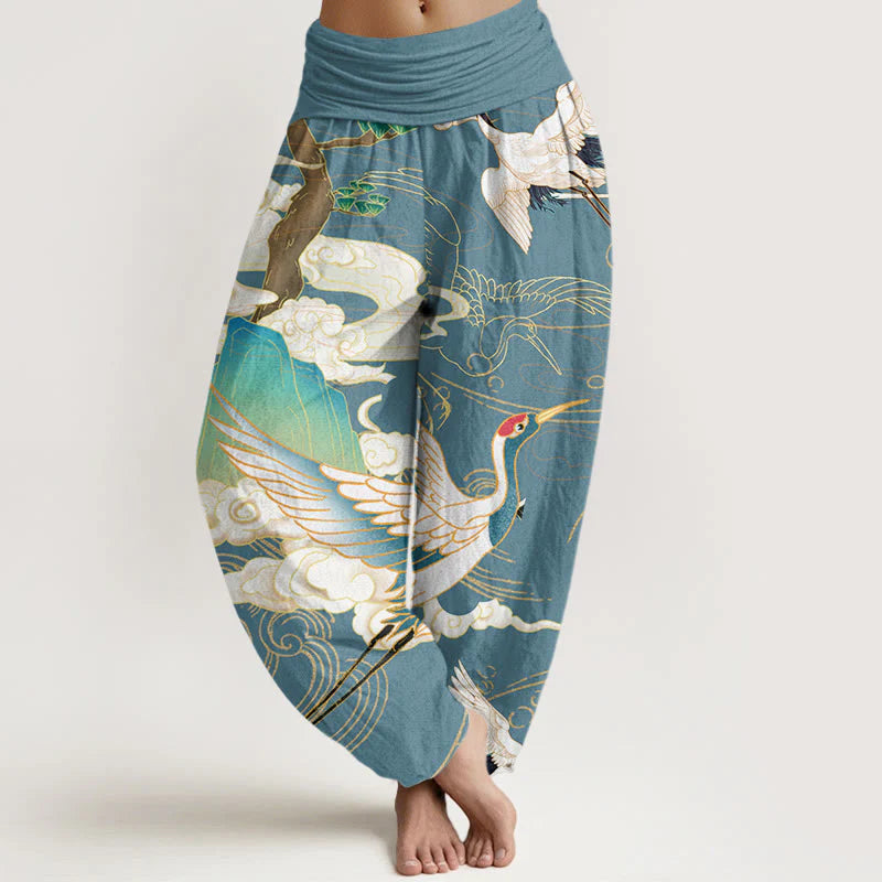 Pantalon Sarouel pour Femme à Taille Élastique avec Motif de Grues Volantes, de Nuages Auspicieux et d’Arbres