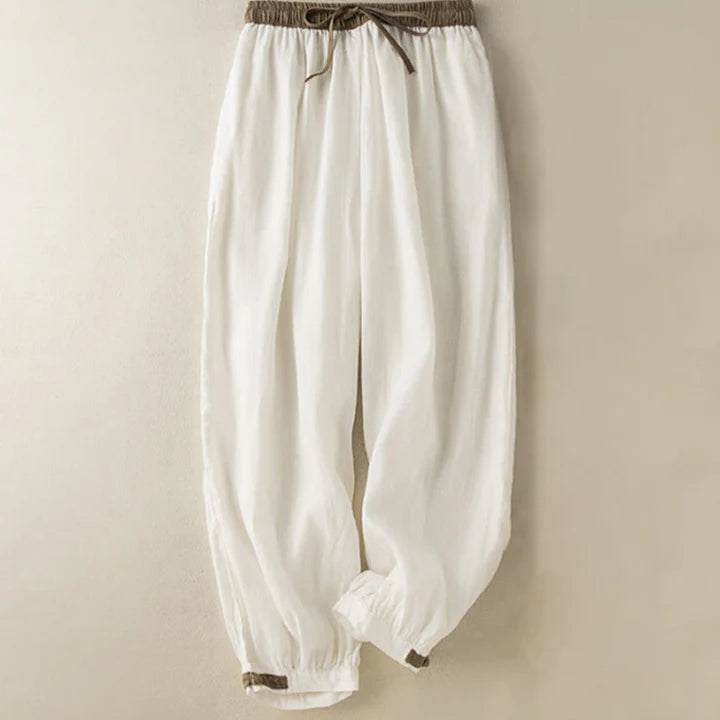 Pantalon Sarouel pour Femme en Coton Uni avec Cordon de Serrage et Poches