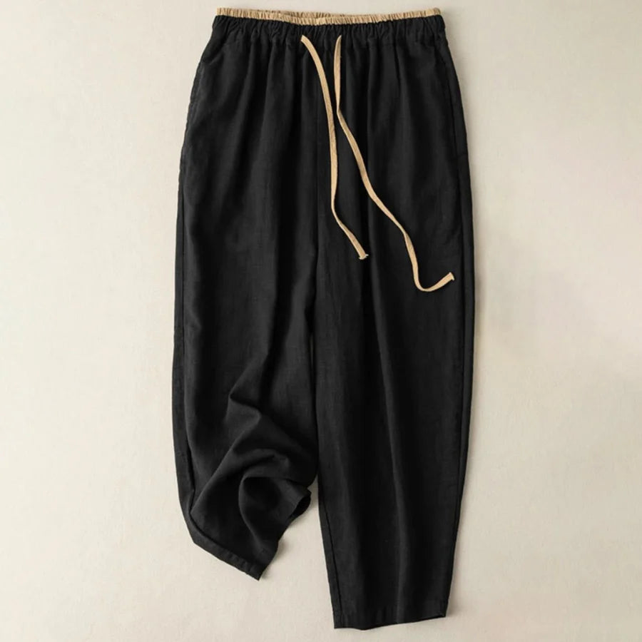 Pantalon Décontracté pour Femme en Coton et Lin Uni avec Cordon de Serrage et Poches