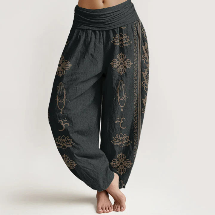 Pantalon Sarouel pour Femme à Taille Élastique – Motif Fleur de Lotus, Double Dorje Vajra, Namaste et Om