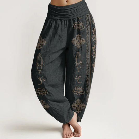 Pantalon Sarouel pour Femme à Taille Élastique – Motif Fleur de Lotus, Double Dorje Vajra, Namaste et Om