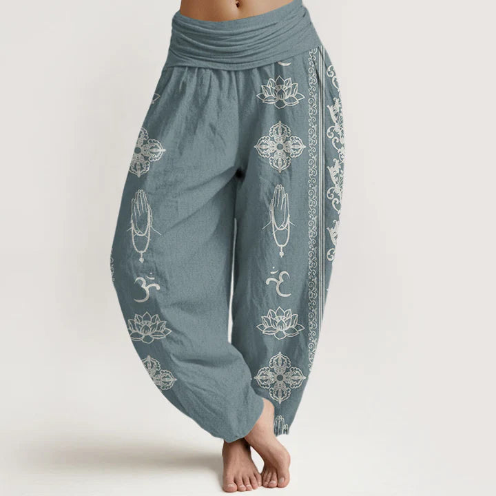 Pantalon Sarouel pour Femme à Taille Élastique – Motif Fleur de Lotus, Double Dorje Vajra, Namaste et Om