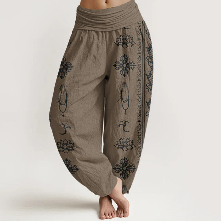 Pantalon Sarouel pour Femme à Taille Élastique – Motif Fleur de Lotus, Double Dorje Vajra, Namaste et Om