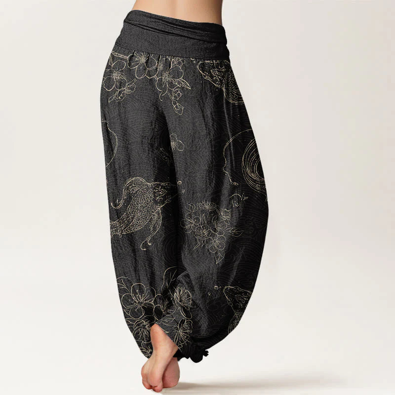 Pantalon Sarouel pour Femme à Taille Élastique avec Motif de Carpes Koï et de Fleurs