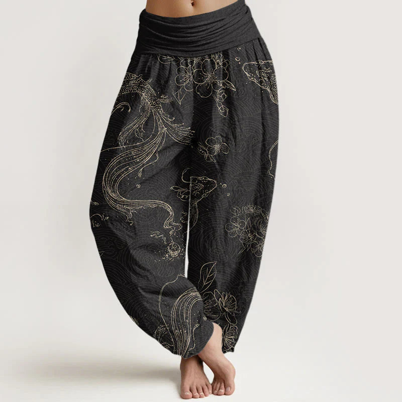 Pantalon Sarouel pour Femme à Taille Élastique avec Motif de Carpes Koï et de Fleurs