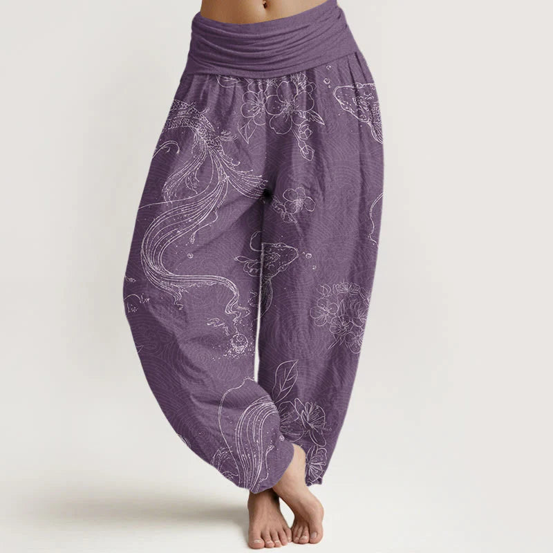Pantalon Sarouel pour Femme à Taille Élastique avec Motif de Carpes Koï et de Fleurs
