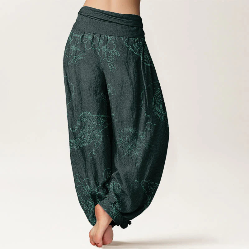 Pantalon Sarouel pour Femme à Taille Élastique avec Motif de Carpes Koï et de Fleurs
