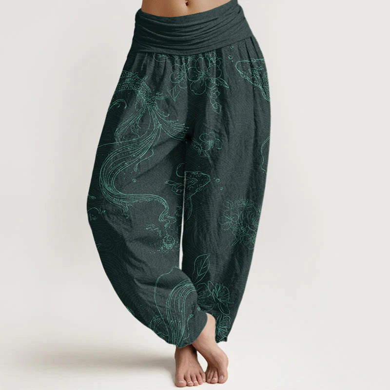 Pantalon Sarouel pour Femme à Taille Élastique avec Motif de Carpes Koï et de Fleurs