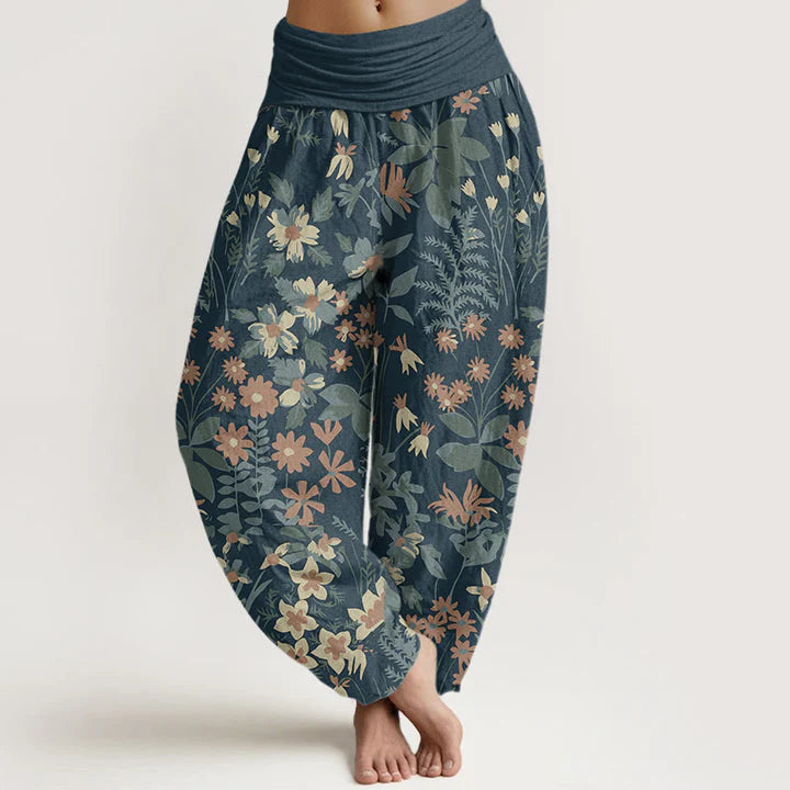 Pantalon Sarouel Décontracté pour Femme à Taille Élastique avec Motif de Fleurs de Marguerites et de Feuilles