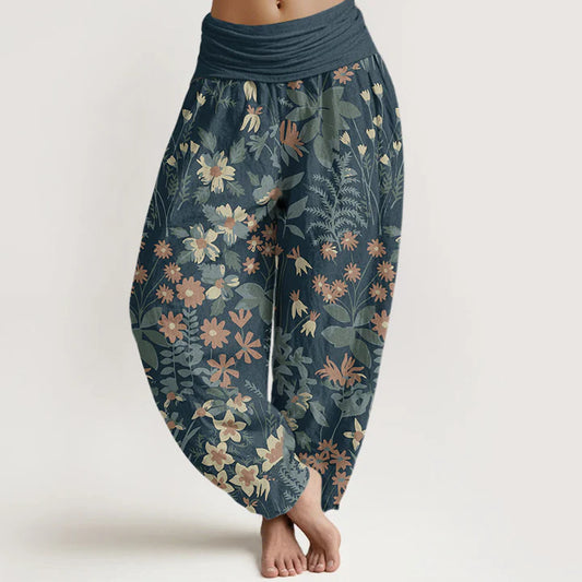 Pantalon Sarouel Décontracté pour Femme à Taille Élastique avec Motif de Fleurs de Marguerites et de Feuilles
