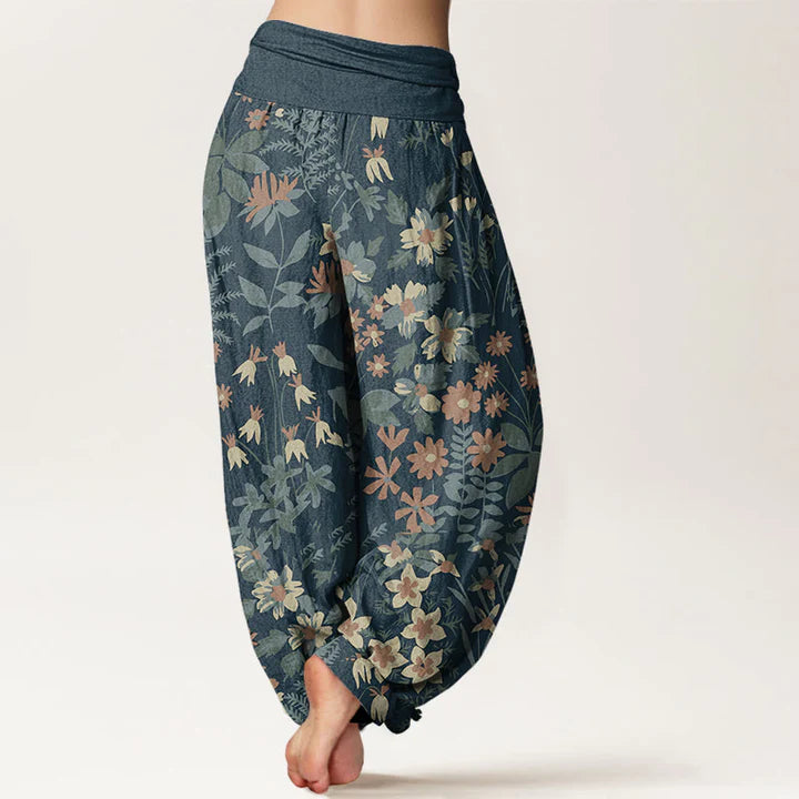 Pantalon Sarouel Décontracté pour Femme à Taille Élastique avec Motif de Fleurs de Marguerites et de Feuilles