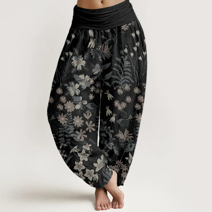 Pantalon Sarouel Décontracté pour Femme à Taille Élastique avec Motif de Fleurs de Marguerites et de Feuilles